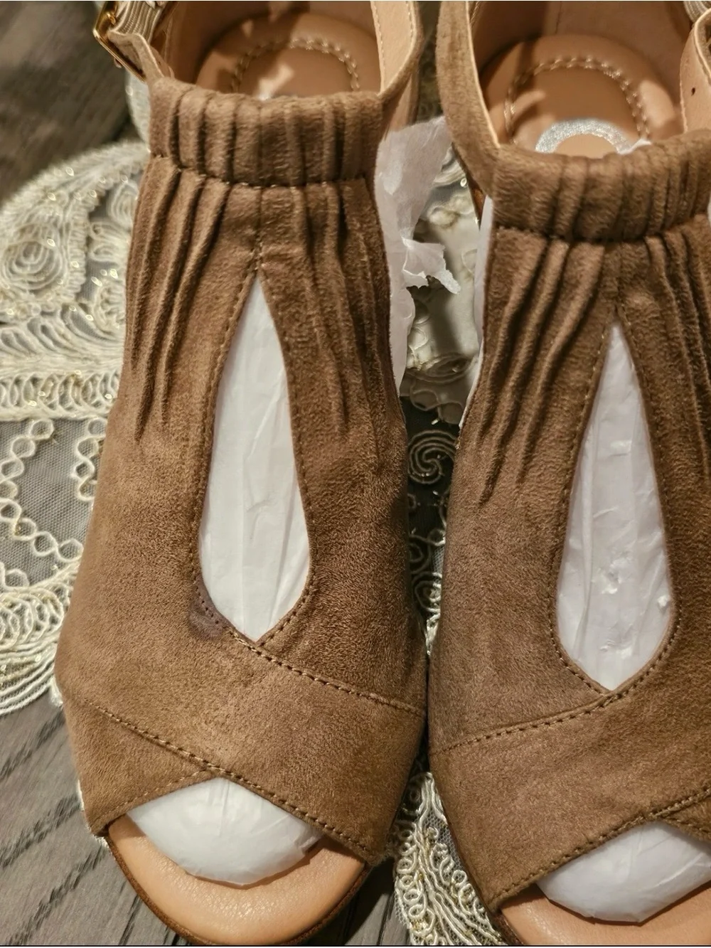 Journee Collection Tan Suede Peep-Toe Ankle Strap Heels